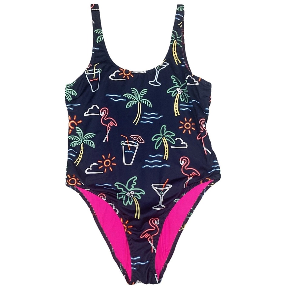 Chubbies Bathing Suit Womens M CHEEKY Bikini Electric Avenue Neon One Piece Open